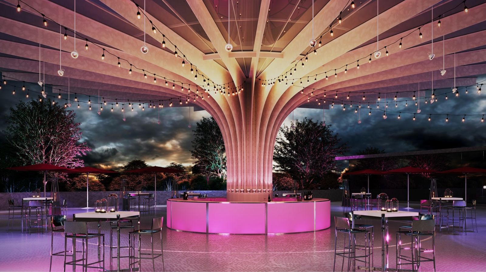 Modern outdoor event setup in Pittsburgh with decorative lighting