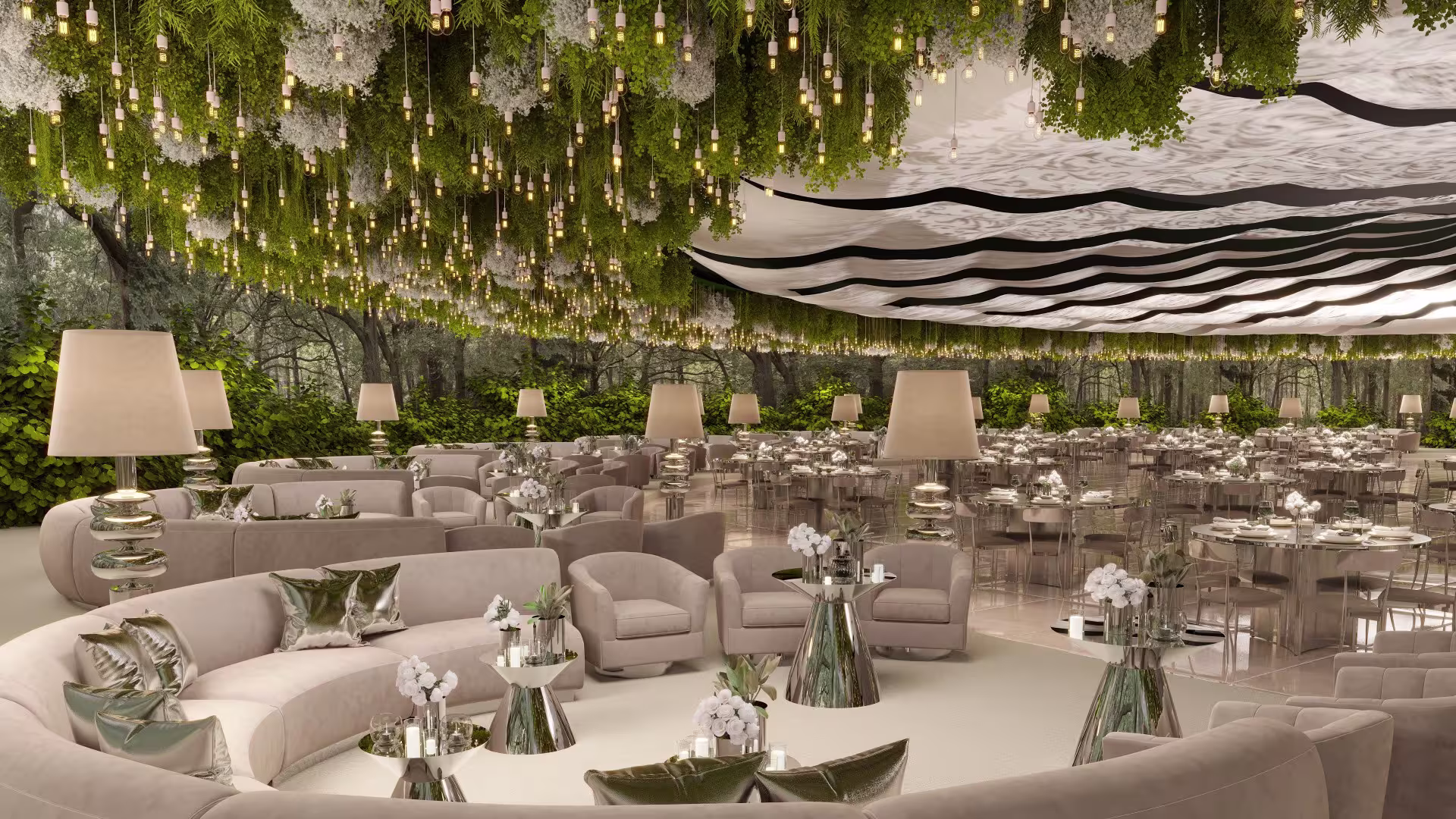 Luxury indoor lounge setup with sofas, greenery ceiling installation, and modern event furniture rentals