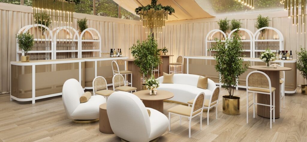 Modern event rental inspiration with clean furniture and neutral tones